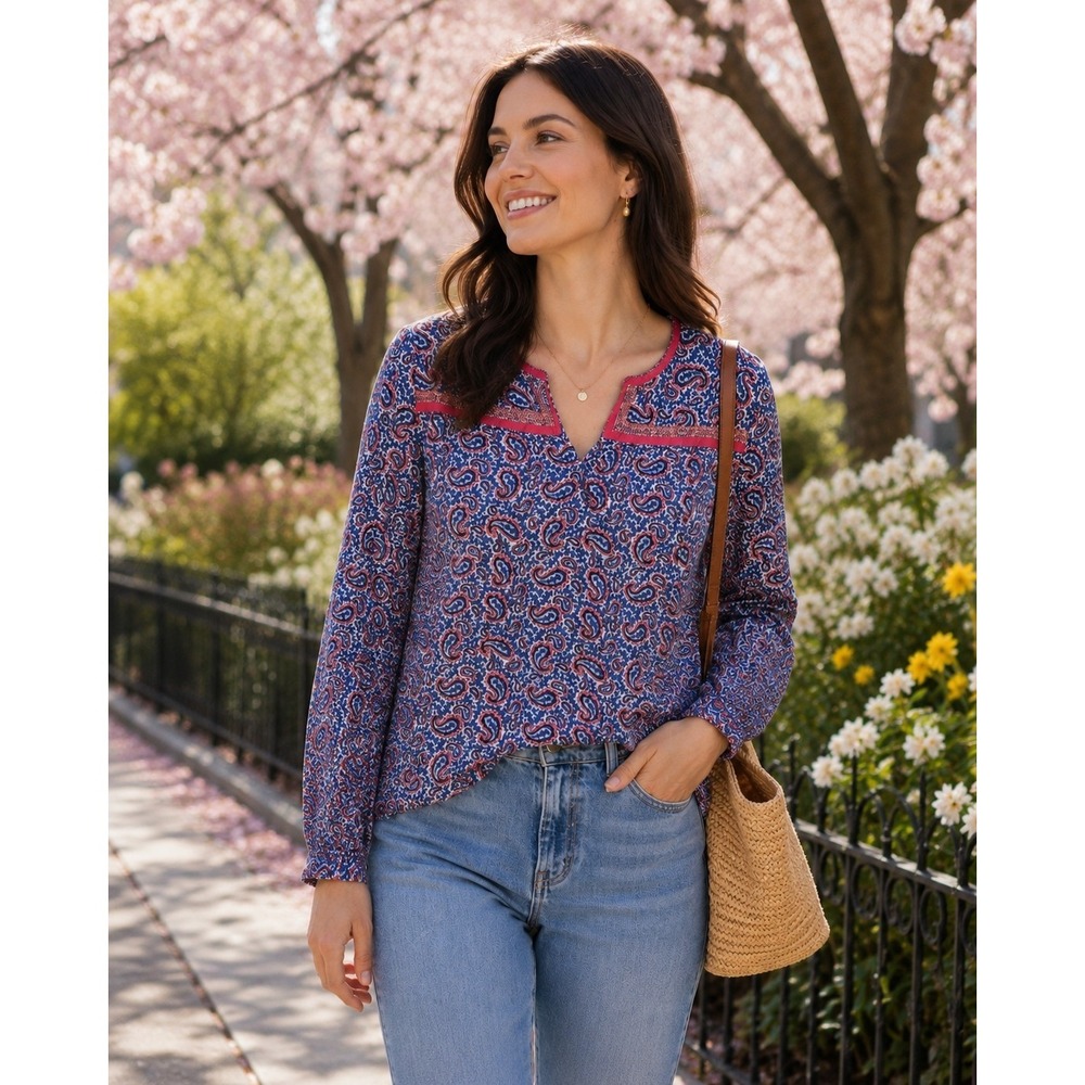 J. Crew Blue Pink Paisley Cotton Lightweight Whimsical Spring Blouse Size M